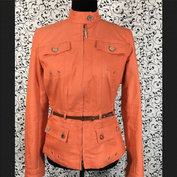 ADRIENNE VITTADINI NWOT ORANGE DOUBLE ZIPPERED AND BELTED JACKET SIZE 10 - Picture 4 of 4